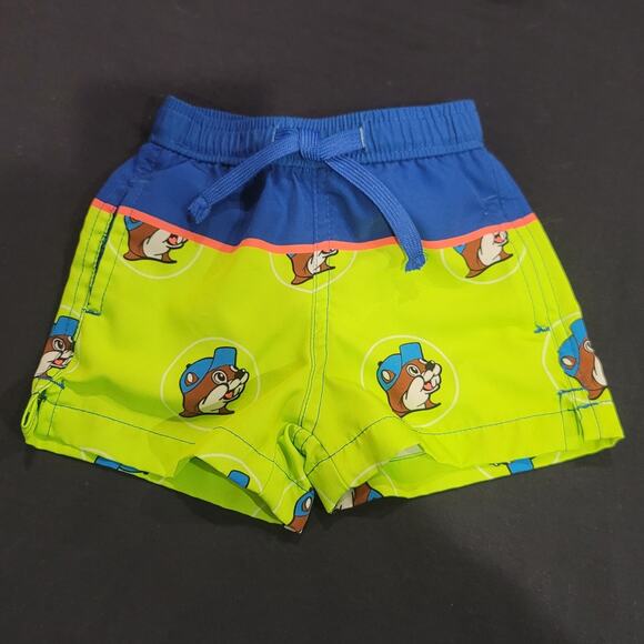 Baby Swim Trunks Shorts Buc-ee's‎ Beaver Cartoon Print Blue Green Size 6-9M - Picture 2 of 6